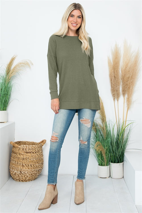 YMT20075V-BRUSHED WAFFLE ROUND NECK SIDE SLIT SWEATER 1-2-2-1