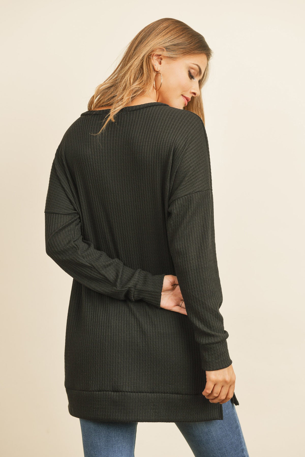 PLUS SIZE SIDE SLIT WAFFLE ROUND NECK SWEATER 3-2-1