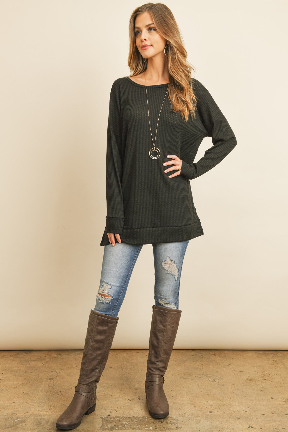 PLUS SIZE SIDE SLIT WAFFLE ROUND NECK SWEATER 3-2-1