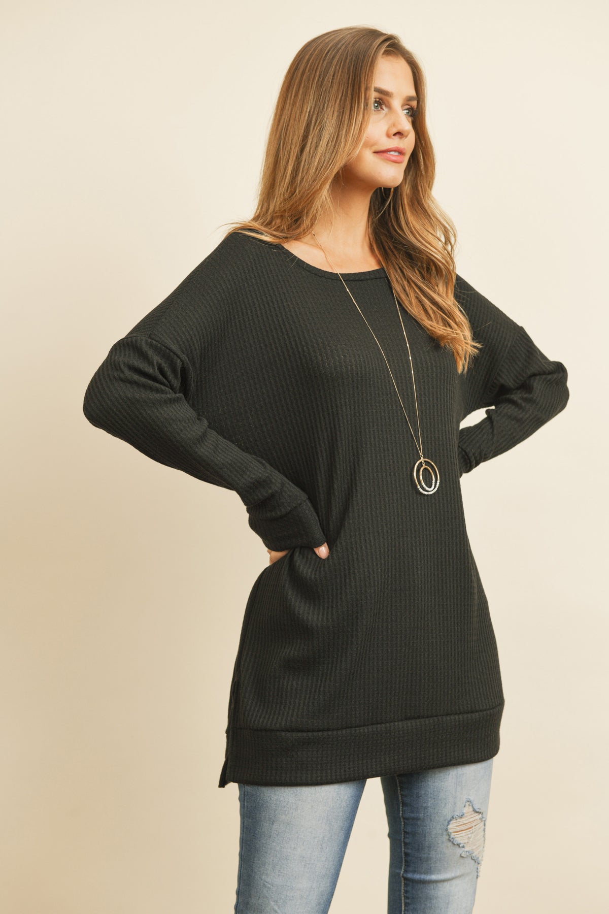 PLUS SIZE SIDE SLIT WAFFLE ROUND NECK SWEATER 3-2-1