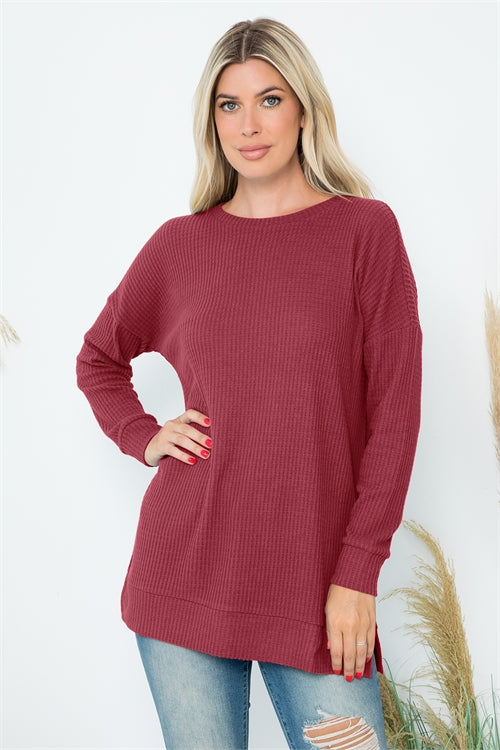 YMT20075V-BRUSHED WAFFLE ROUND NECK SIDE SLIT SWEATER 1-2-2-1