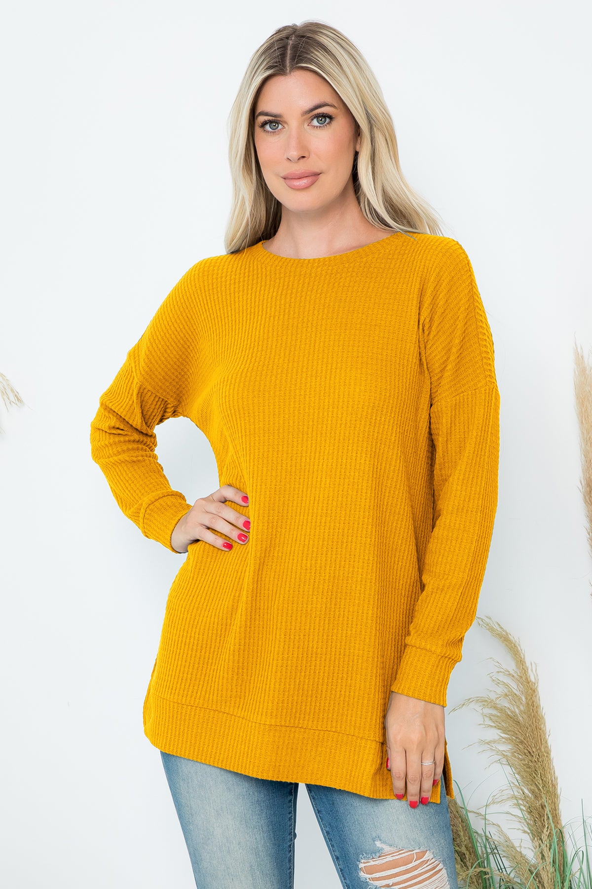 SIDE SLIT WAFFLE ROUND NECK SWEATER 1-1-1-1