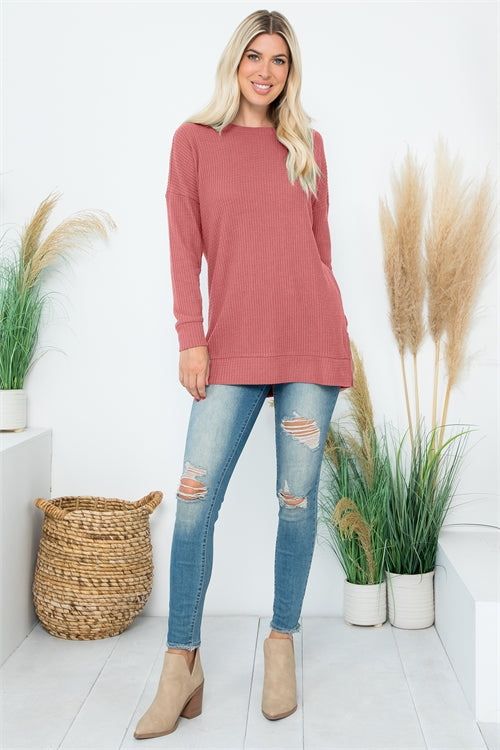 YMT20075V-BRUSHED WAFFLE ROUND NECK SIDE SLIT SWEATER 1-2-2-1
