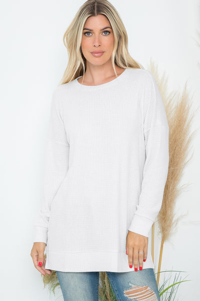 SIDE SLIT WAFFLE ROUND NECK SWEATER 1-1-1-1