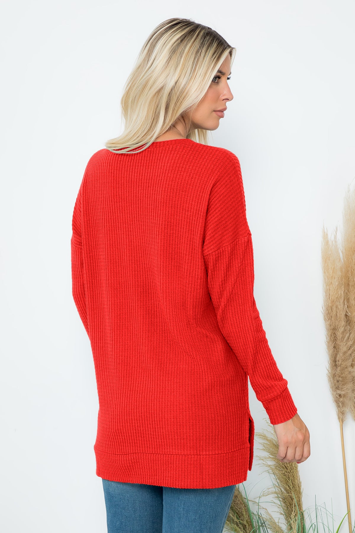 SIDE SLIT WAFFLE ROUND NECK SWEATER 1-1-1-1