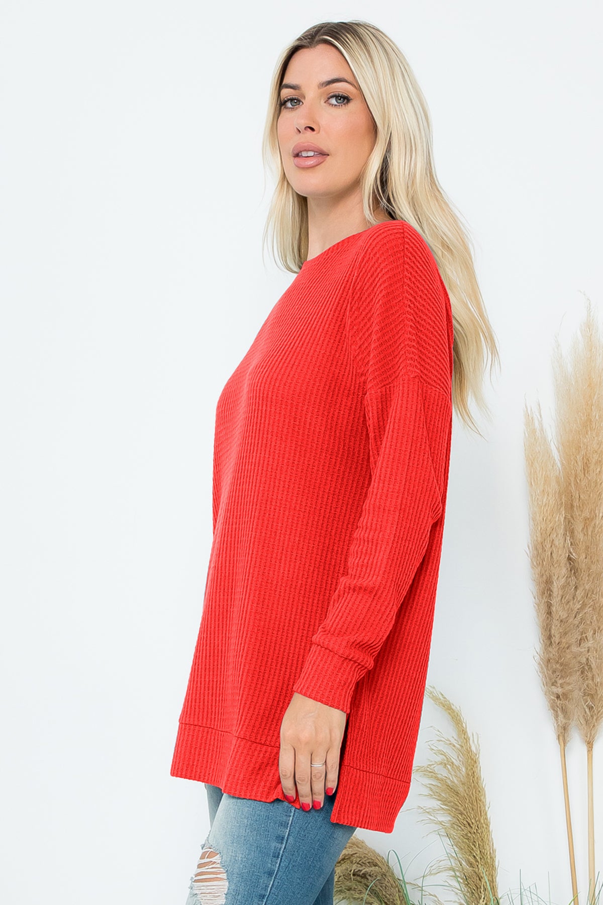 SIDE SLIT WAFFLE ROUND NECK SWEATER 1-1-1-1