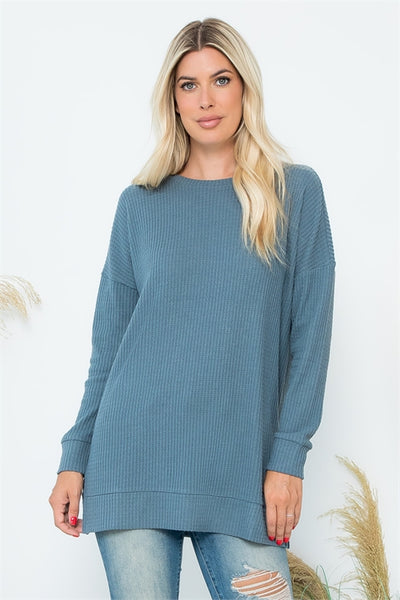 YMT20075V-BRUSHED WAFFLE ROUND NECK SIDE SLIT SWEATER 1-2-2-1