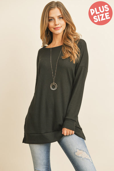 PLUS SIZE SIDE SLIT WAFFLE ROUND NECK SWEATER 3-2-1