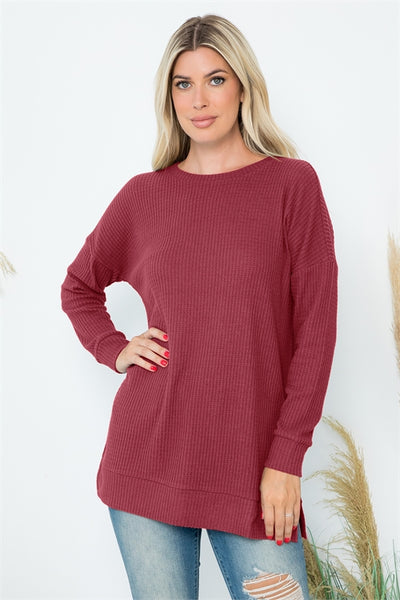 YMT20075XV-PLUS SIZE BRUSHED WAFFLE ROUND NECK SIDE SLIT SWEATER 3-2-1