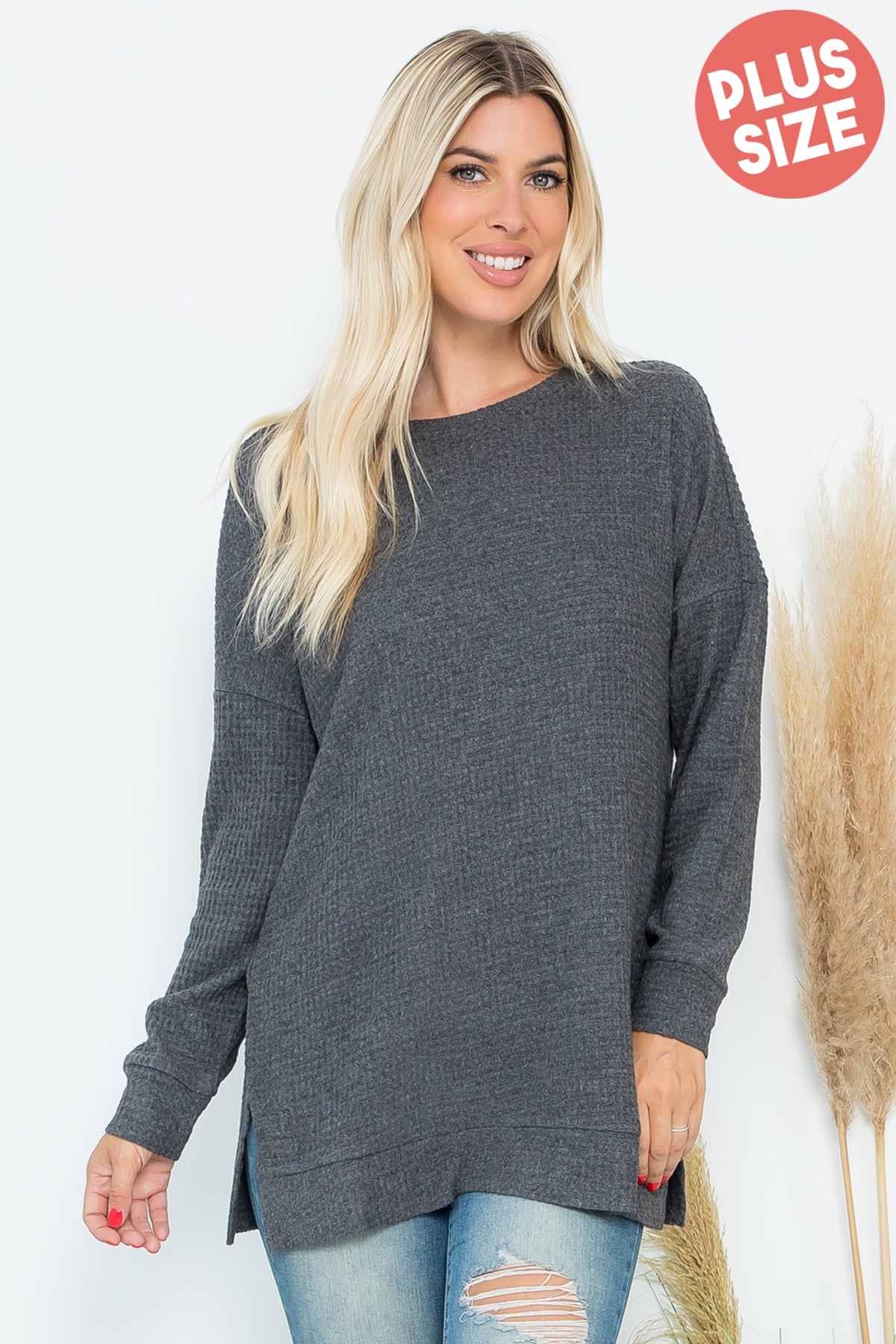 PLUS SIZE SIDE SLIT WAFFLE ROUND NECK SWEATER 3-2-1