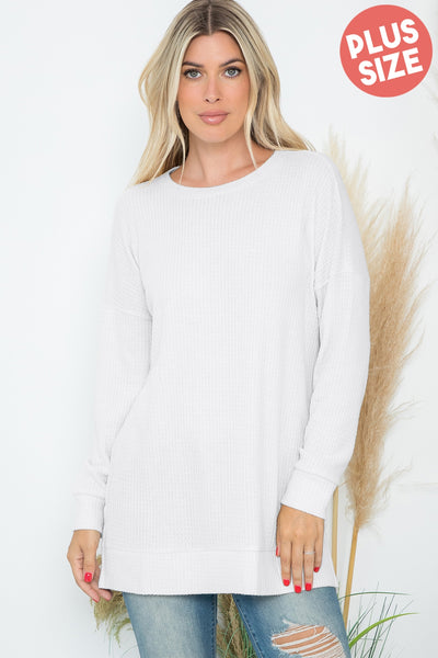 PLUS SIZE SIDE SLIT WAFFLE ROUND NECK SWEATER 3-2-1