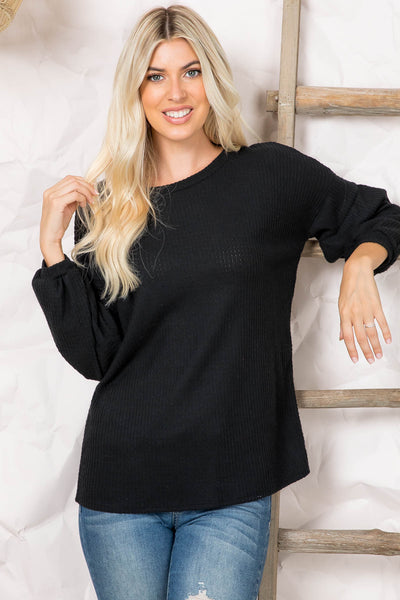 PUFF SLEEVE BOATNECK WAFFLE TUNIC  1-1-1-1