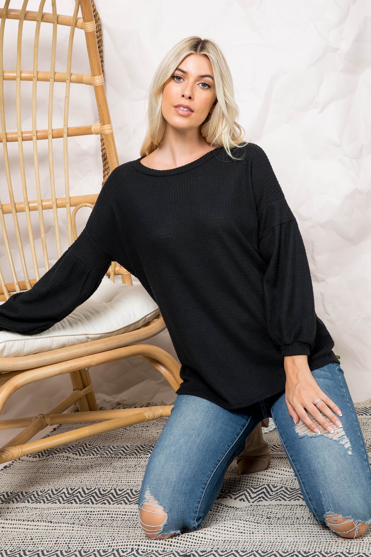 PUFF SLEEVE BOATNECK WAFFLE TUNIC  1-1-1-1