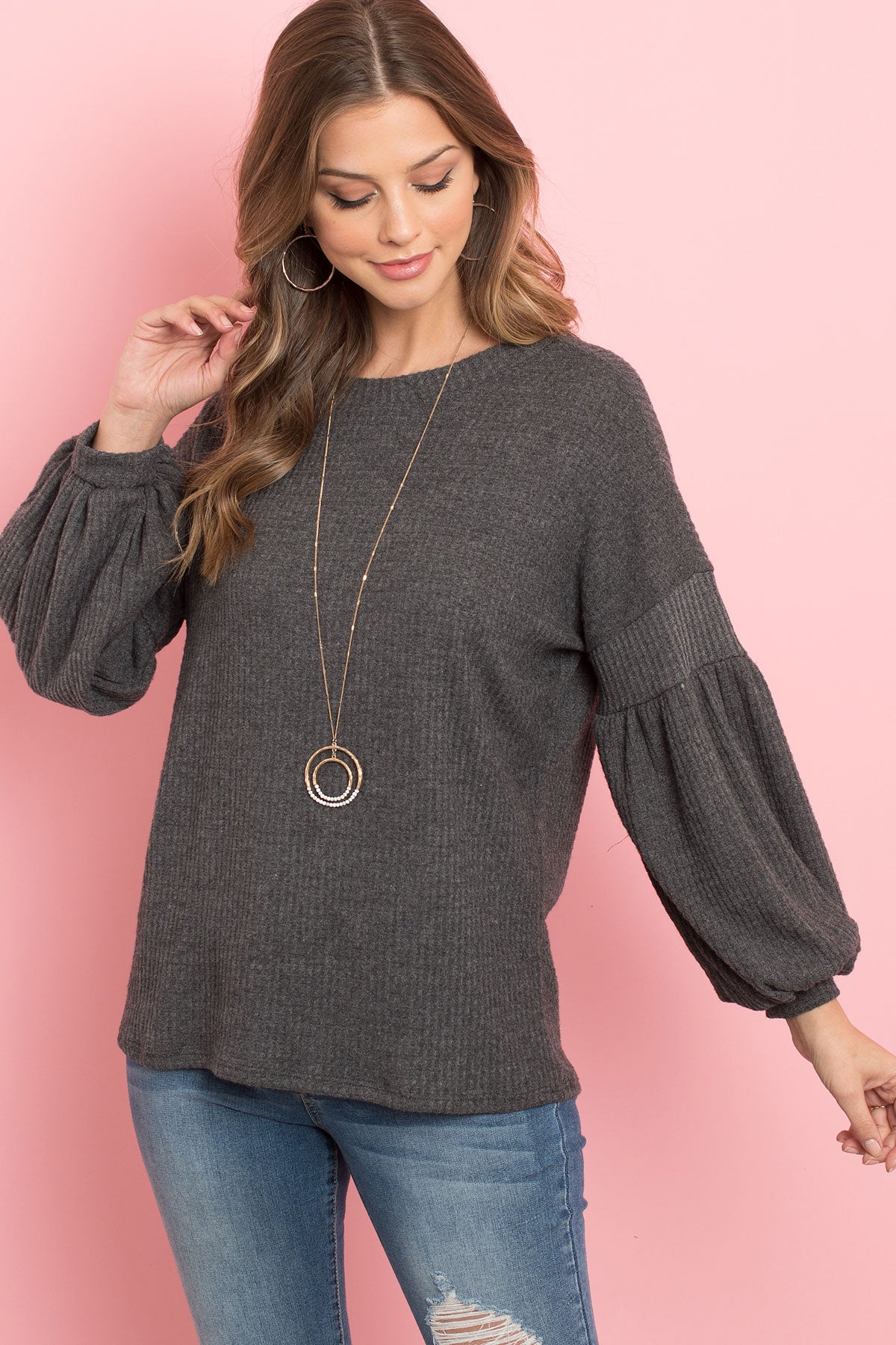 PUFF SLEEVE BOATNECK WAFFLE TUNIC  1-1-1-1