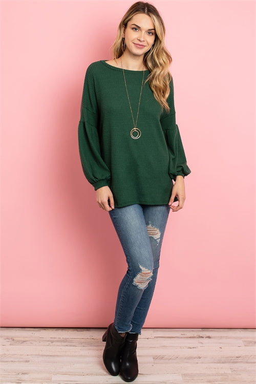 YMT20076V-PUFF SLEEVE BOATNECK WAFFLE TUNIC 4-0-0-0
