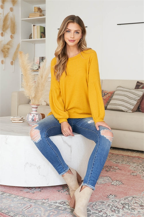 YMT20076V-PUFF SLEEVE BOATNECK WAFFLE TUNIC 3-1-0-0