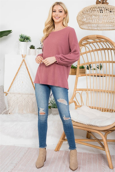 YMT20076V-PUFF SLEEVE BOATNECK WAFFLE TUNIC 1-1-0-1