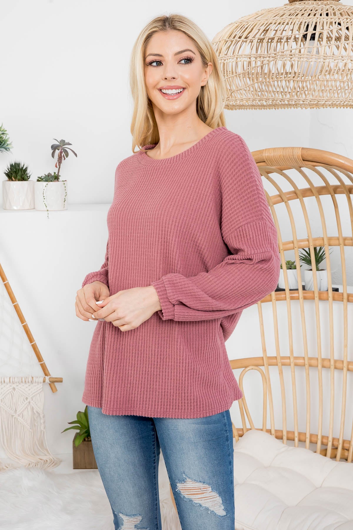 PUFF SLEEVE BOATNECK WAFFLE TUNIC  1-1-1-1