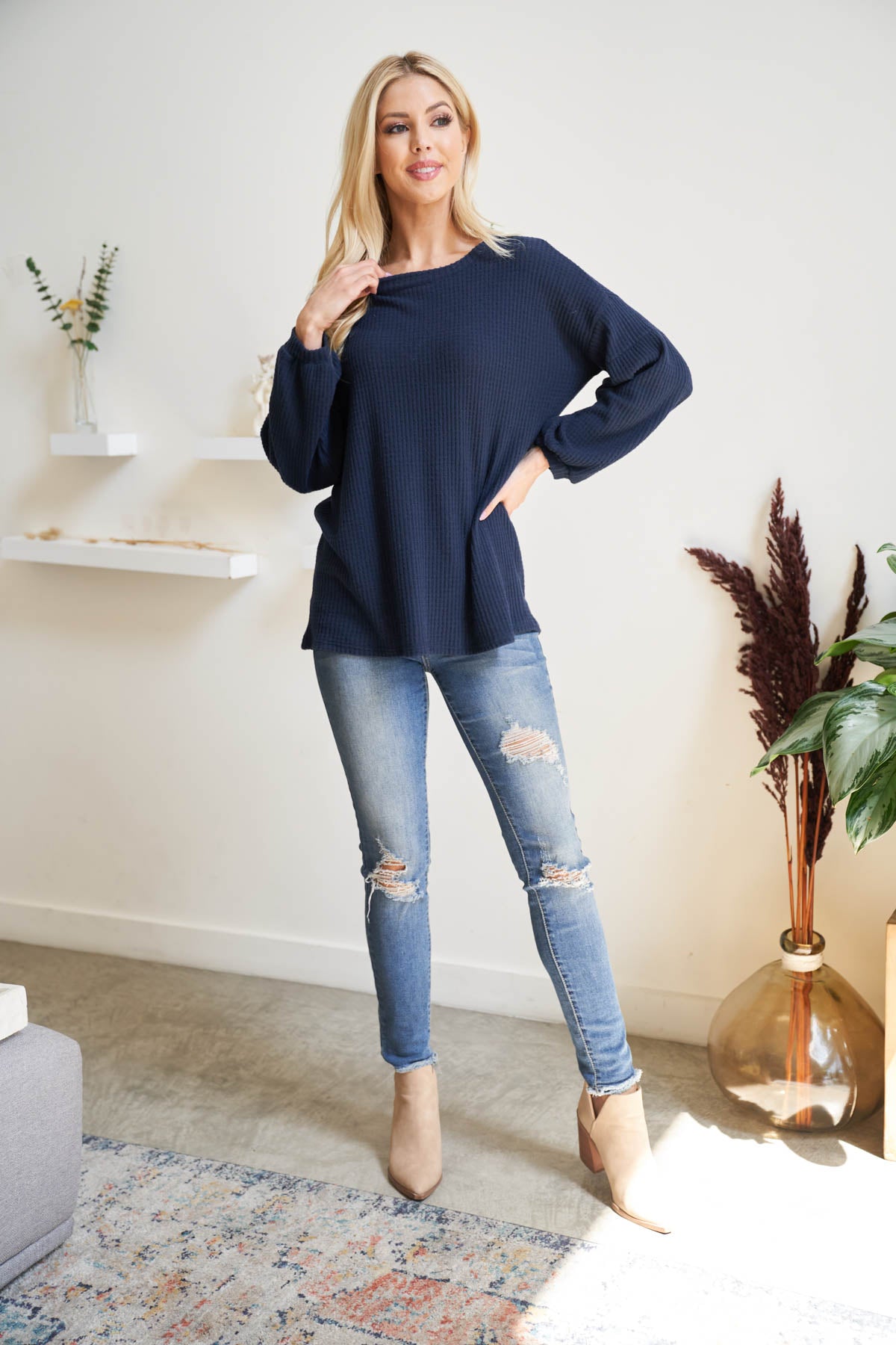 PLUS SIZE PUFF SLEEVE BOATNECK WAFFLE TUNIC 3-2-1