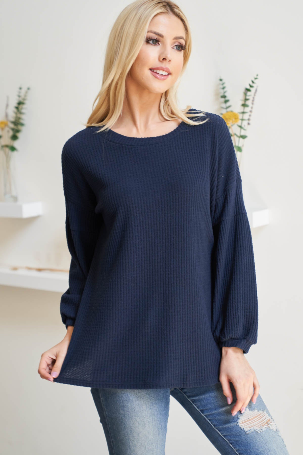 PUFF SLEEVE BOATNECK WAFFLE TUNIC  1-1-1-1