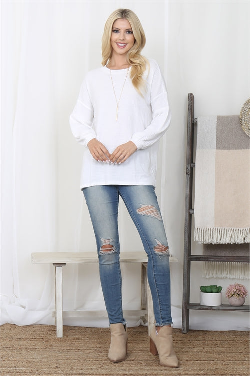 YMT20076V-PUFF SLEEVE BOATNECK WAFFLE TUNIC 1-1-0-1