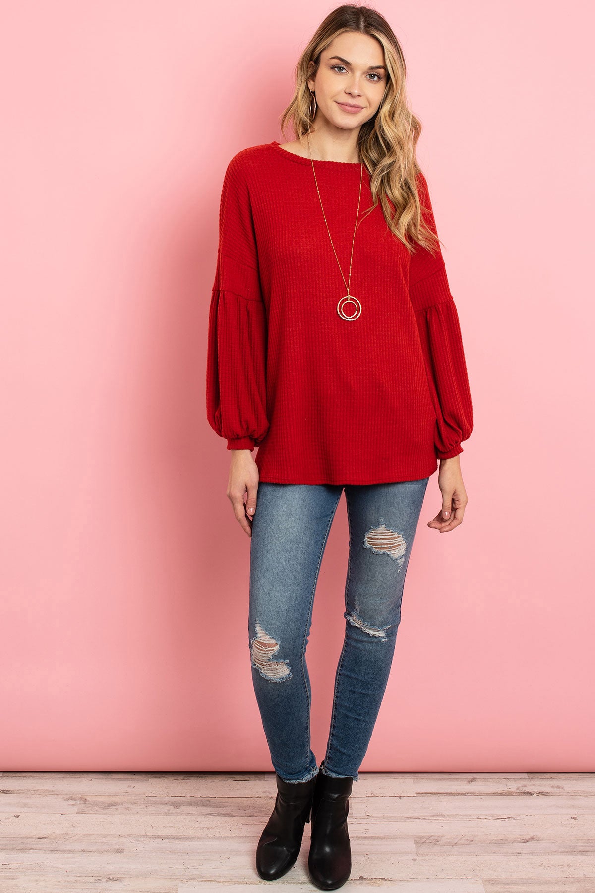 PUFF SLEEVE BOATNECK WAFFLE TUNIC  1-1-1-1