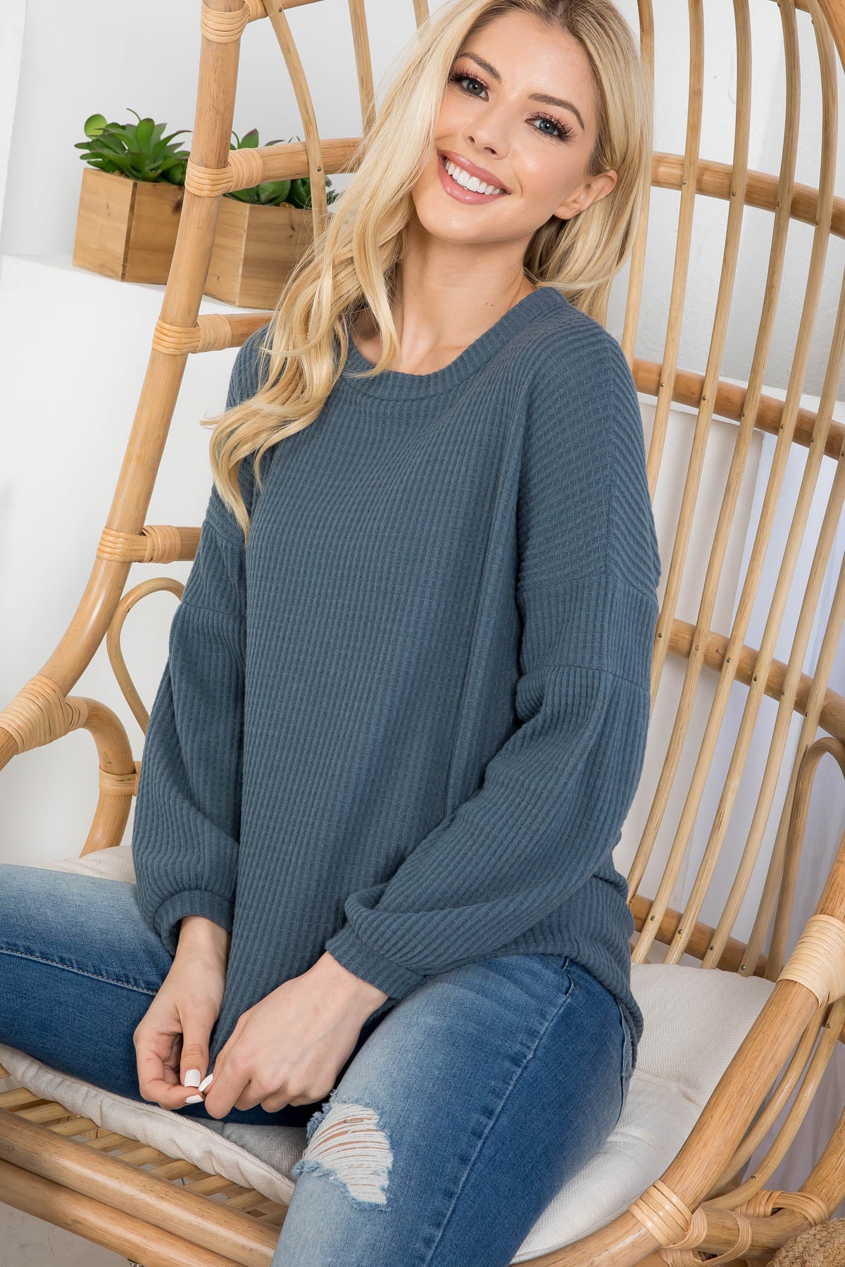 PUFF SLEEVE BOATNECK WAFFLE TUNIC  1-1-1-1