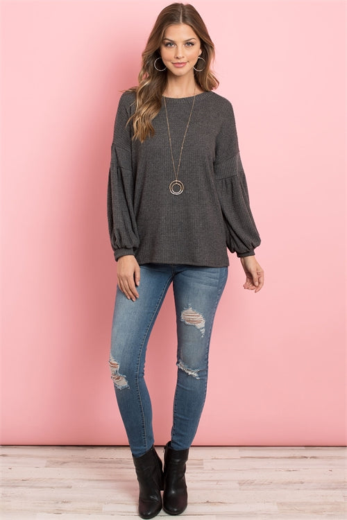 YMT20076XV-PLUS SIZE PUFF SLEEVE BOATNECK WAFFLE TUNIC 2-1-0