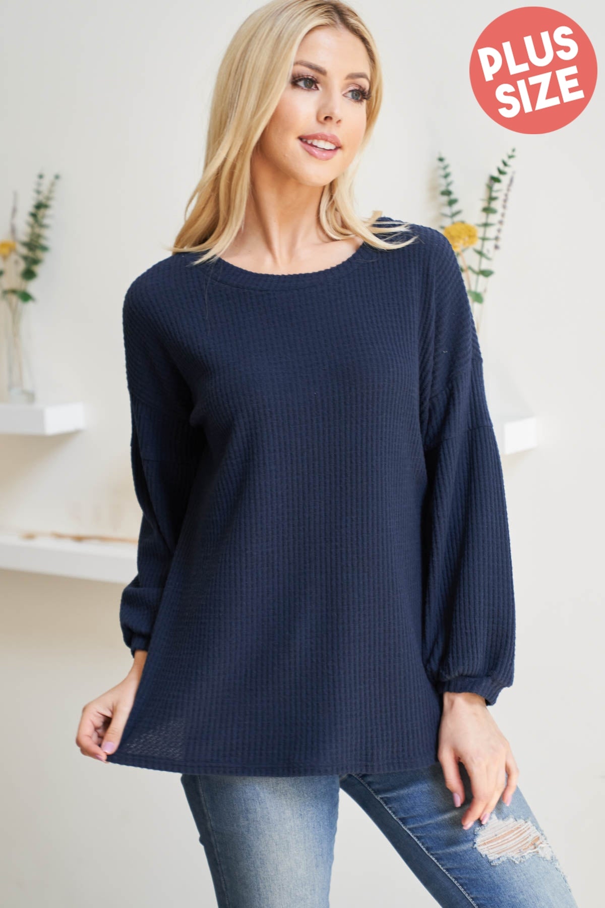 PLUS SIZE PUFF SLEEVE BOATNECK WAFFLE TUNIC 3-2-1