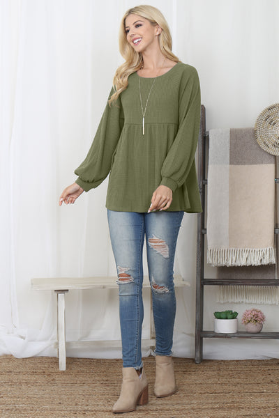 BABY DOLL WAFFLE LONG SLEEVE TOP 1-1-1-1