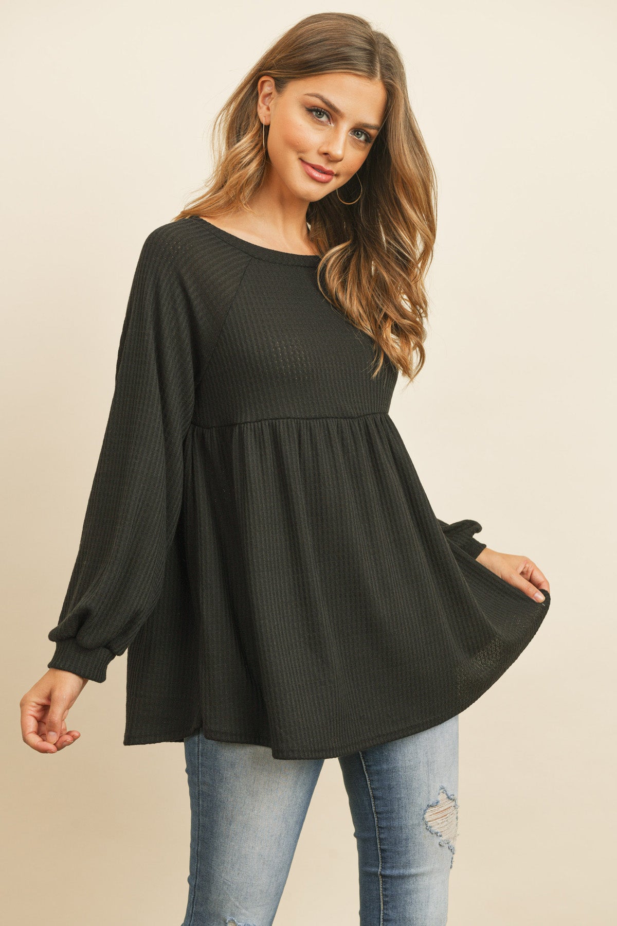 BABY DOLL WAFFLE LONG SLEEVE TOP 1-1-1-1