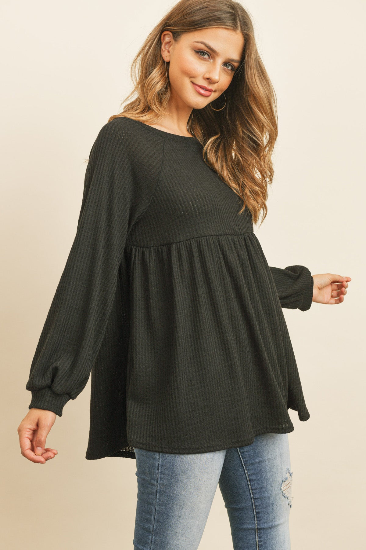 BABY DOLL WAFFLE LONG SLEEVE TOP 1-1-1-1