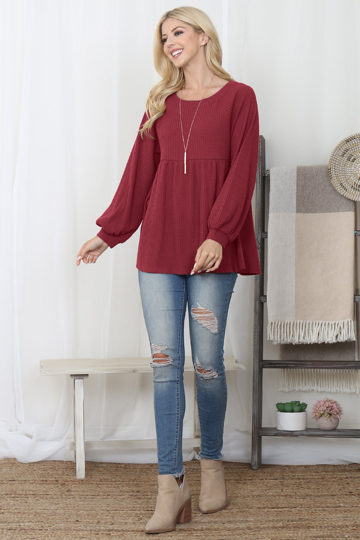 BABY DOLL WAFFLE LONG SLEEVE TOP 1-1-1-1