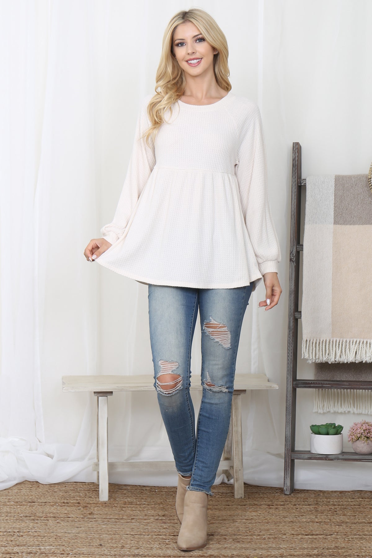 BABY DOLL WAFFLE LONG SLEEVE TOP 1-1-1-1