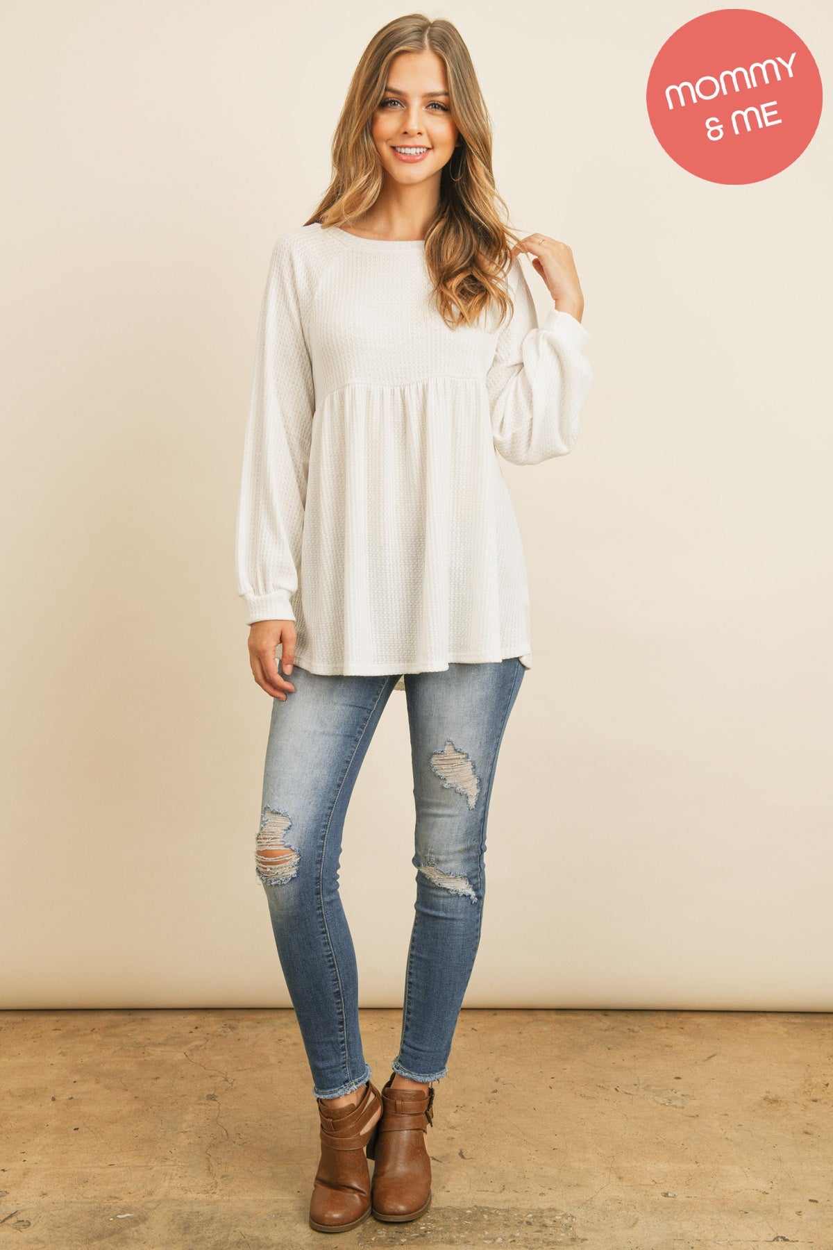 BABY DOLL WAFFLE LONG SLEEVE TOP 1-1-1-1