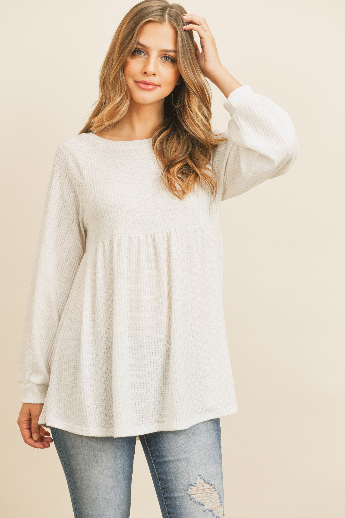 BABY DOLL WAFFLE LONG SLEEVE TOP 1-1-1-1