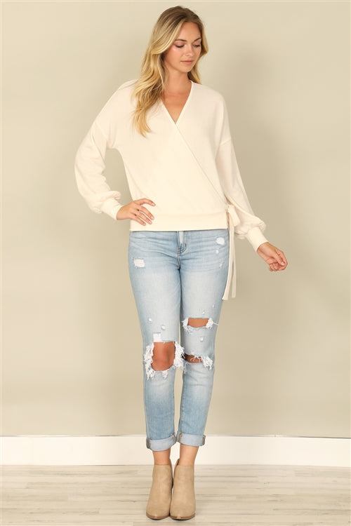 YMT20079V-HACCI SOLID LONG PEASANT SLEEVE SURPLICE NECK SIDE TIE TOP 1-2-2-1