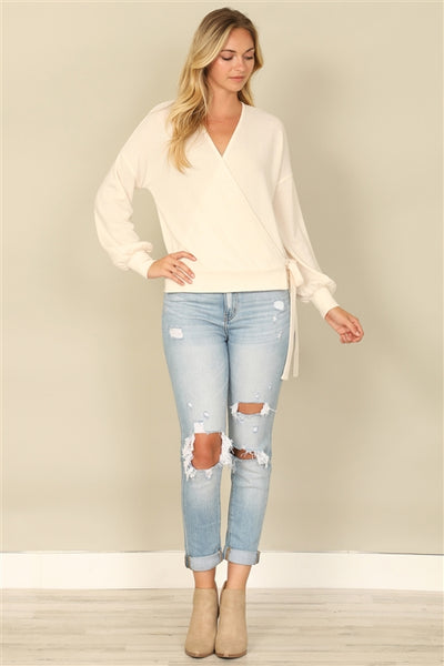 YMT20079V-HACCI SOLID LONG PEASANT SLEEVE SURPLICE NECK SIDE TIE TOP 1-2-2-1