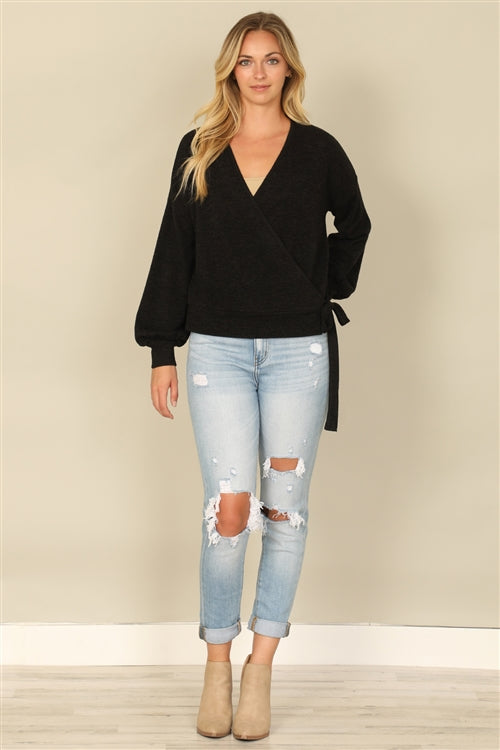 YMT20079V-HACCI SOLID LONG PEASANT SLEEVE SURPLICE NECK SIDE TIE TOP 1-2-2-1