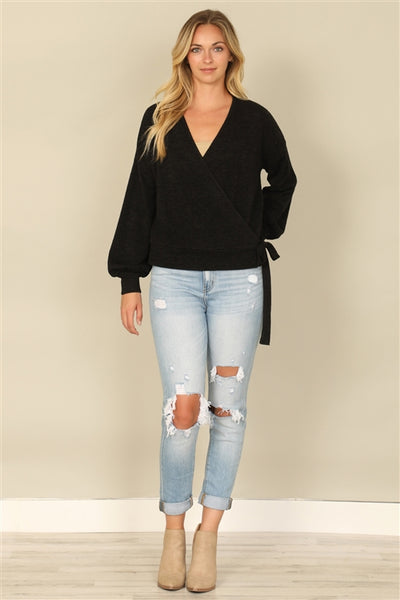 YMT20079V-HACCI SOLID LONG PEASANT SLEEVE SURPLICE NECK SIDE TIE TOP 1-2-2-1