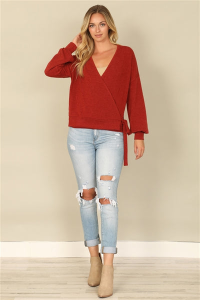 YMT20079V-HACCI SOLID LONG PEASANT SLEEVE SURPLICE NECK SIDE TIE TOP 1-2-2-1