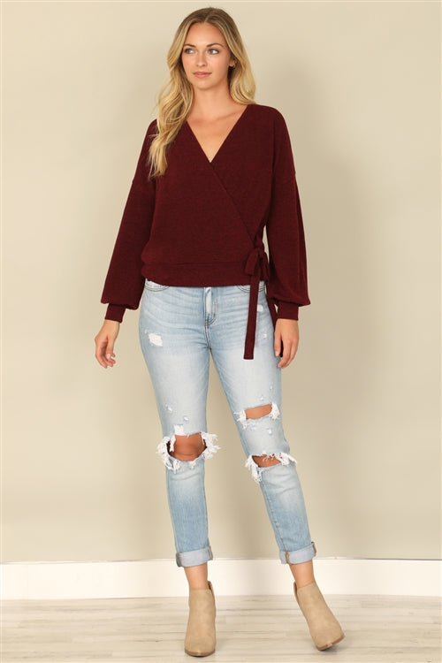 YMT20079V-HACCI SOLID LONG PEASANT SLEEVE SURPLICE NECK SIDE TIE TOP 1-2-2-1