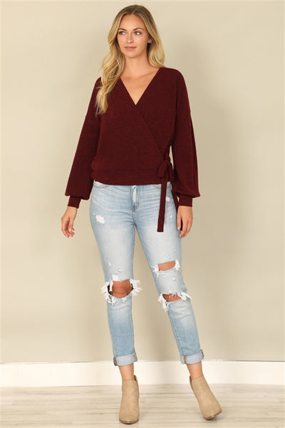 YMT20079V-HACCI SOLID LONG PEASANT SLEEVE SURPLICE NECK SIDE TIE TOP 1-2-2-1