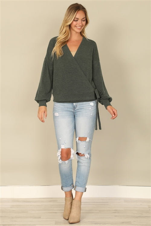 YMT20079V-HACCI SOLID LONG PEASANT SLEEVE SURPLICE NECK SIDE TIE TOP 1-2-2-1