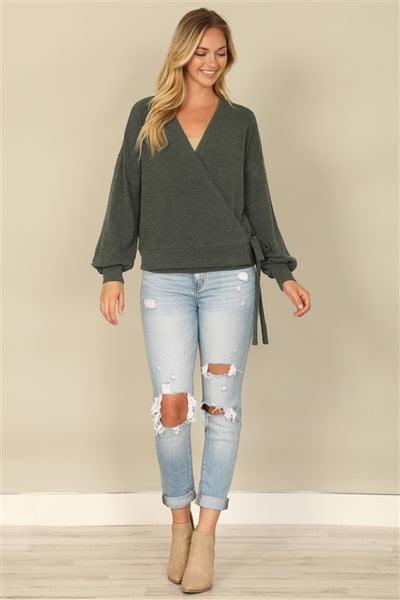 YMT20079V-HACCI SOLID LONG PEASANT SLEEVE SURPLICE NECK SIDE TIE TOP 1-2-2-1