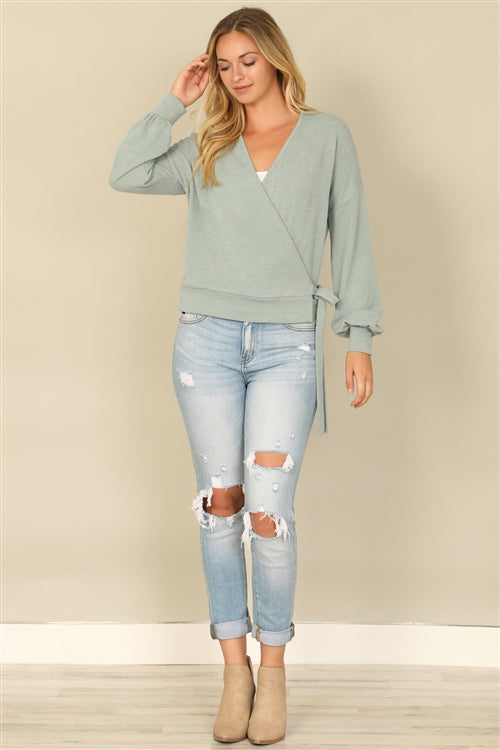 YMT20079V-HACCI SOLID LONG PEASANT SLEEVE SURPLICE NECK SIDE TIE TOP 1-2-2-1