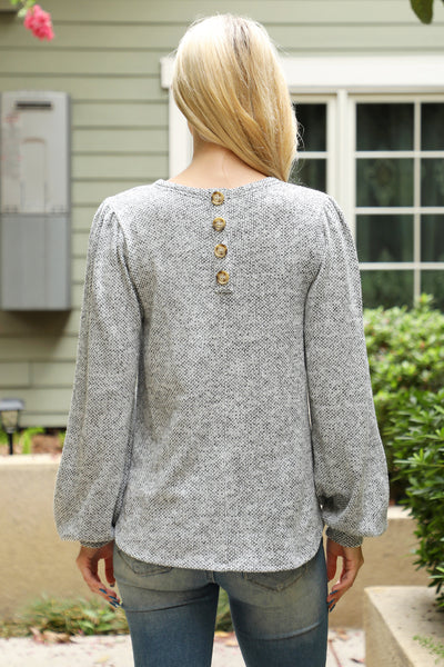 BUTTON BACK PUFF SLEEVES JACQUARD KNIT TOP 1-1-1-1