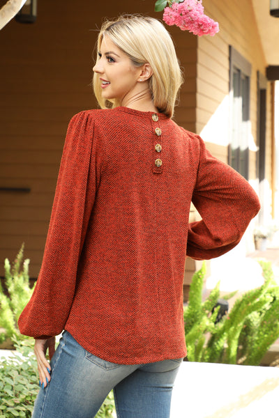 BUTTON BACK PUFF SLEEVES JACQUARD KNIT TOP 1-1-1-1