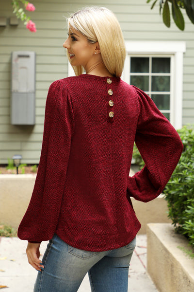 BUTTON BACK PUFF SLEEVES JACQUARD KNIT TOP 1-1-1-1