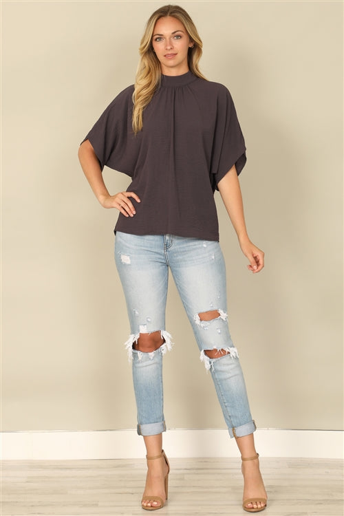 YMT20083V-AIRFLOW SOLID BACK RIBBON DOMAN SLEEVE HIGH NECK WOVEN TOP 1-2-2-1